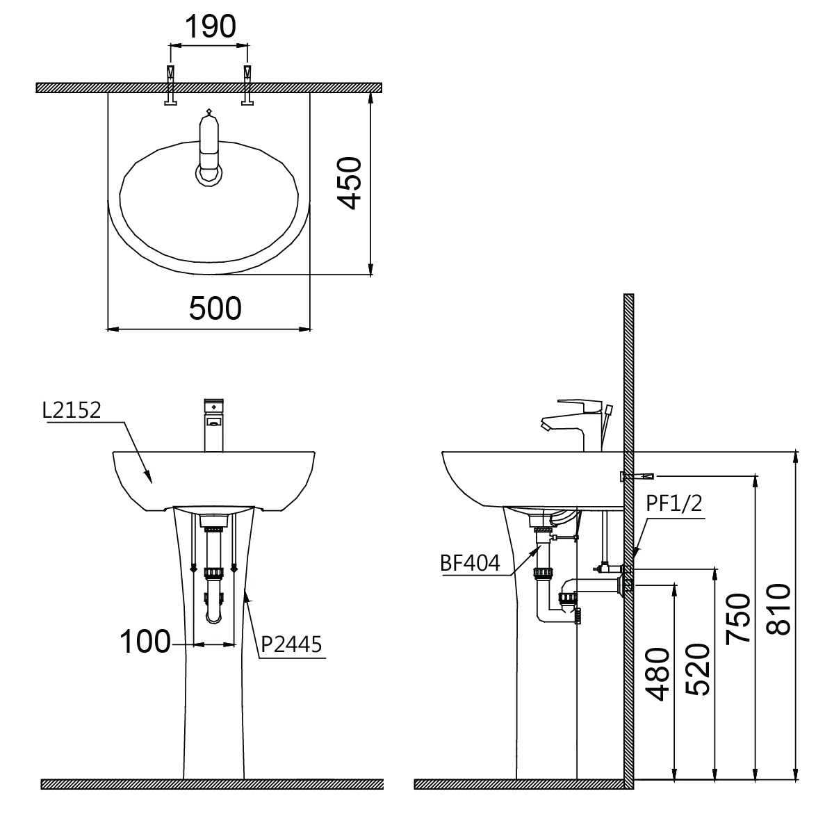 Bản vẽ lavabo Caesar L2152-P2455 chân dài