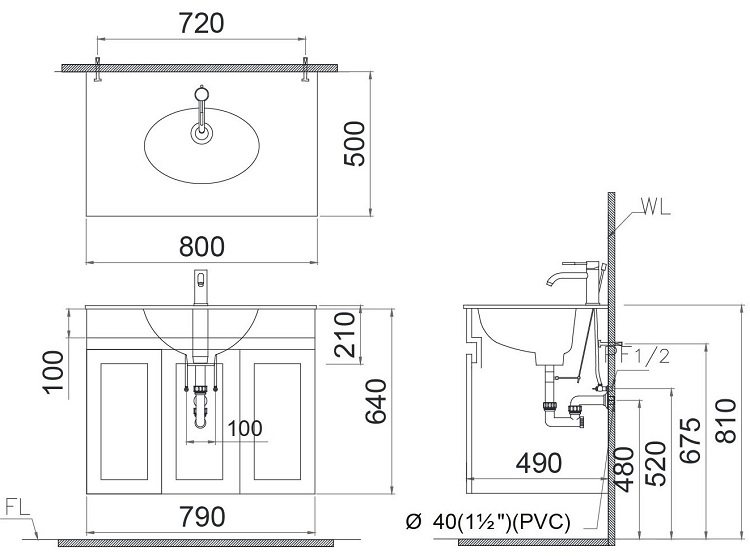 Bản vẽ kích thước tủ lavabo Caesar LF5026 EH15026AV