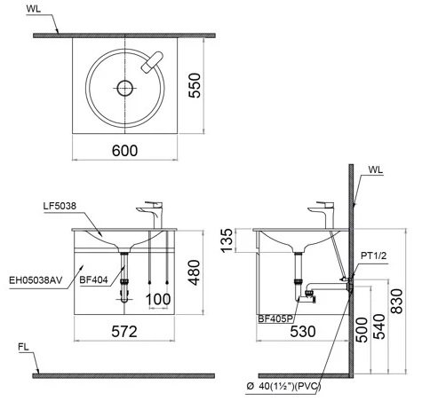 Bản vẽ kích thước lavabo Caesar LF 5038