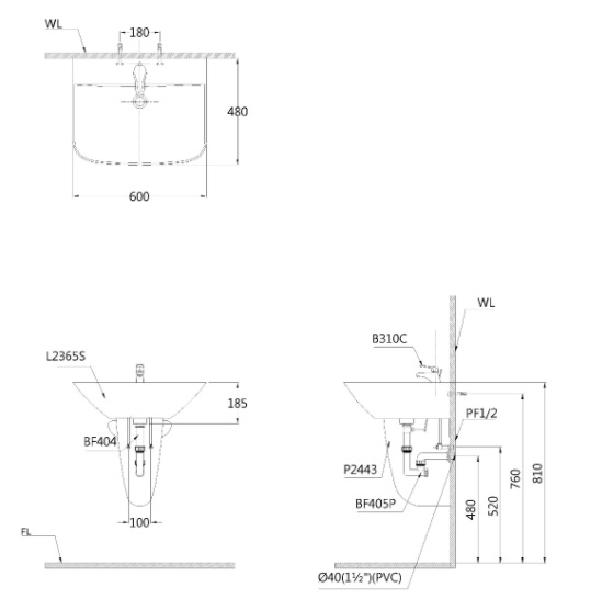 Bản vẽ kỹ thuật lavabo chân ngắn L 2365 P 2443