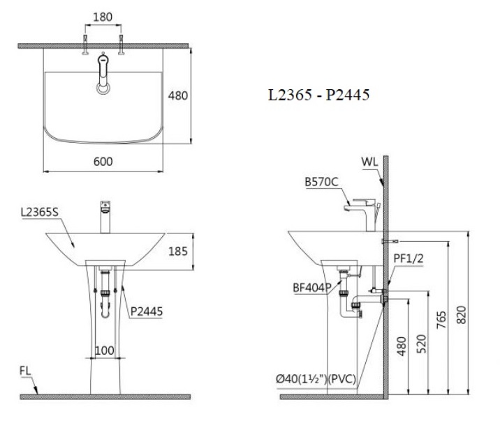 Bản vẽ kỹ thuật lavabo chân đứng caesar L 2365 P 2445