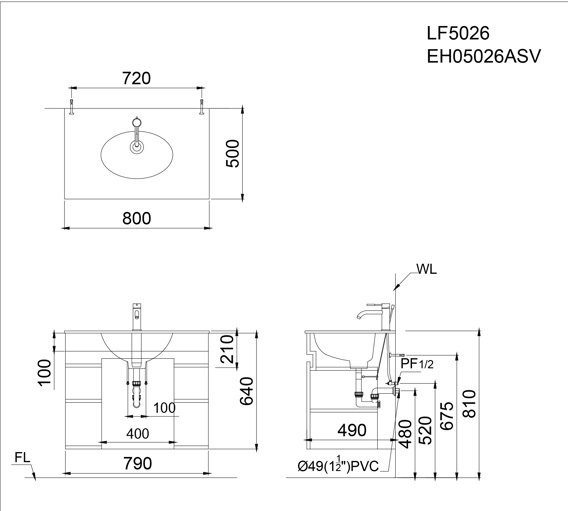 Bản vẽ kích thước tủ lavabo Caesar LF5026 EH05026ASV