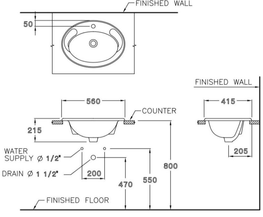 Bản vẽ kỹ thuật Chậu lavabo dương vành Cotto C007