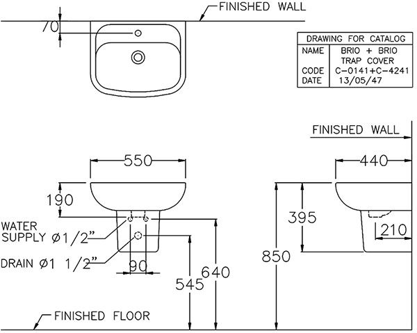 Bản vẽ kỹ thuật lavabo chân ngắn C0141/C4241 Cotto