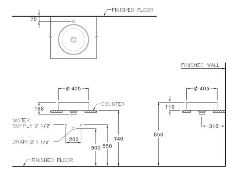 Bản vẽ kỹ thuật chậu lavabo đặt bàn C003407 Cotto