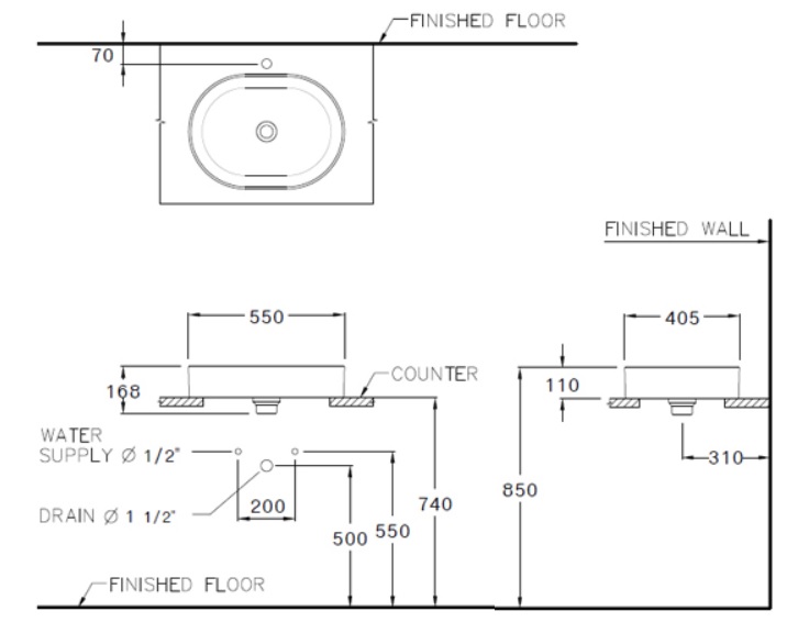 Bản vẽ kỹ thuật chậu lavabo đặt bàn Cotto C003437