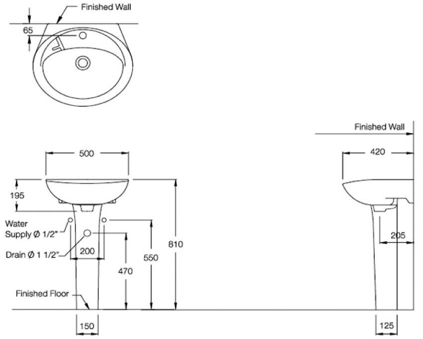 Bản vẽ kỹ thuật lavabo treo tường kèm chân dài C013 - C404