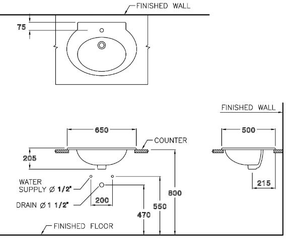 Bản vẽ kích thước chậu lavabo Cotto C 05817 