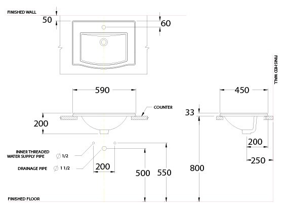 Bản vẽ kích thước lavabo C05897 dương vành Cotto