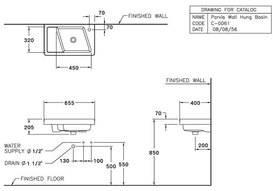 Bản vẽ kỹ thuật lavabo treo tường SC 00657  Cotto