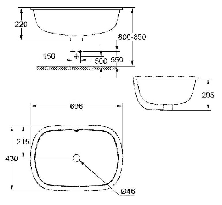 Bản vẽ kỹ thuật chậu bán âm Eurosmart 39125001 Grohe