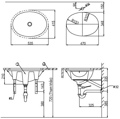 Bản vẽ bồn rửa mặt lavabo INAX L2293V