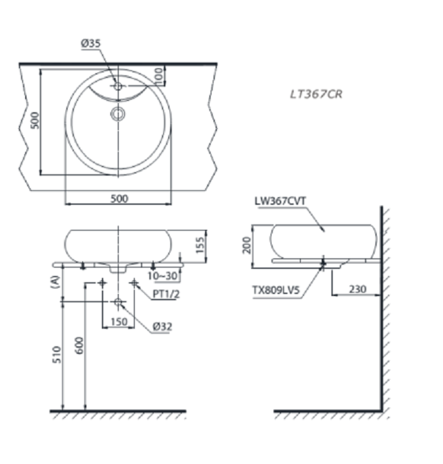 Bản vẽ bồn rửa mặt TOTO LT367CR