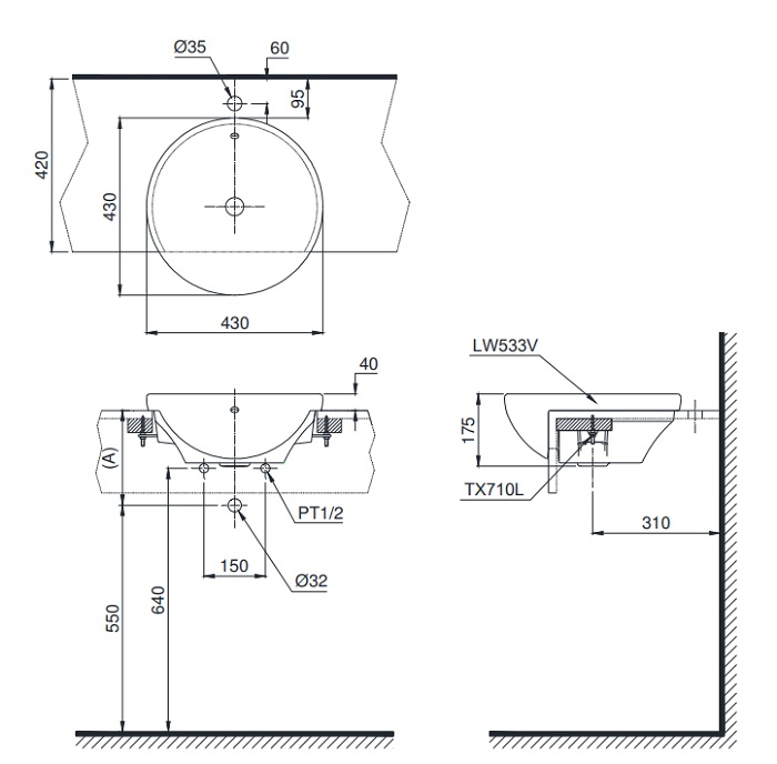 Bản vẽ bồn rửa mặt lavabo TOTO LT533