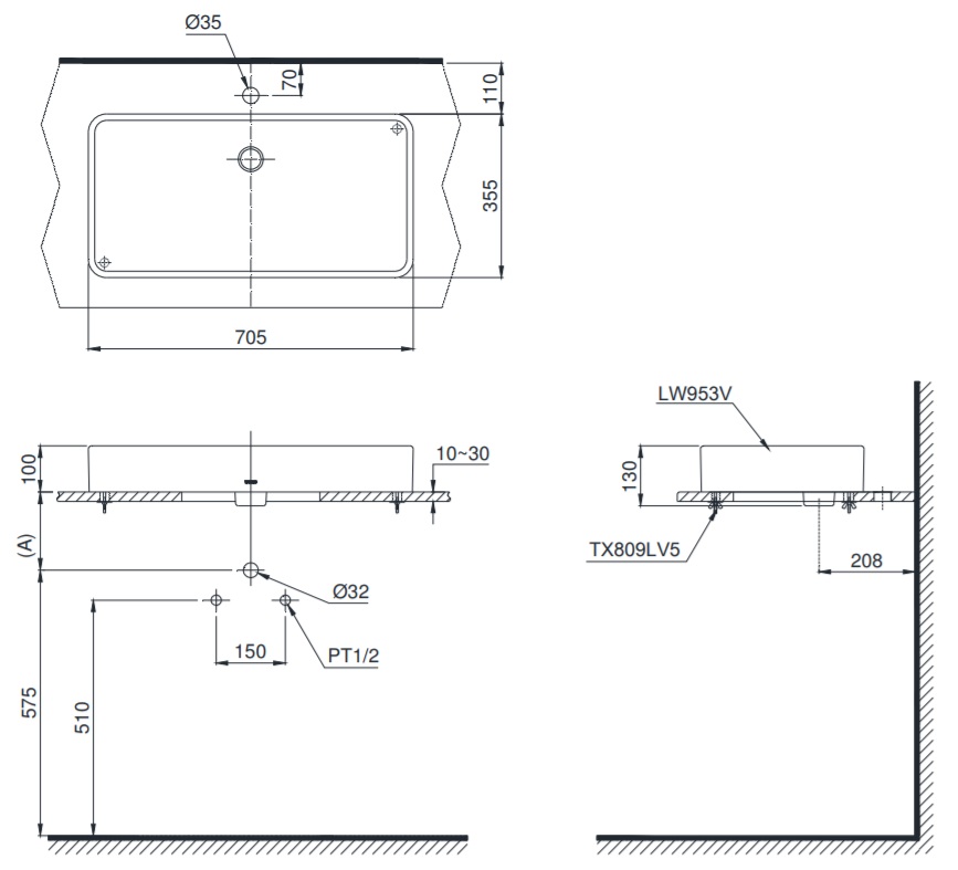 Bản vẽ bồn rửa mặt TOTO LT953