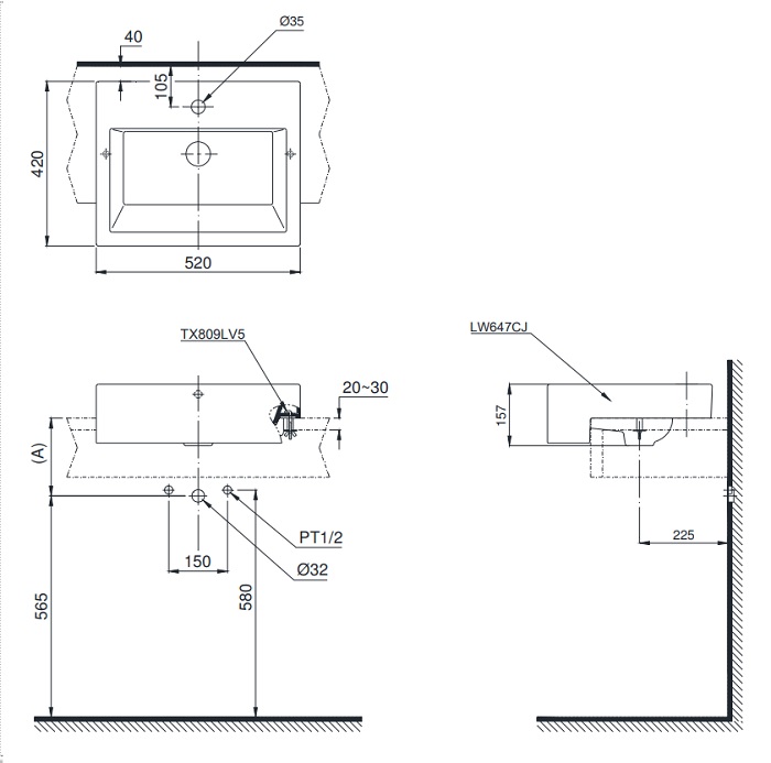 Bản vẽ bồn rửa mặt lavabo TOTO LW647C