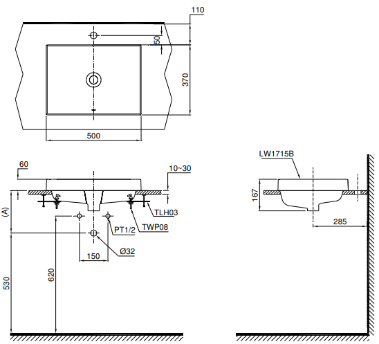 Bản vẽ bồn rửa mặt lavabo TOTO 1715 đặt bàn