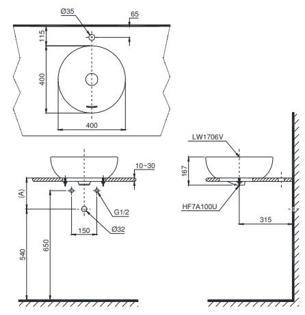 Bản vẽ lavabo LT 1706 TOTO đặt bàn