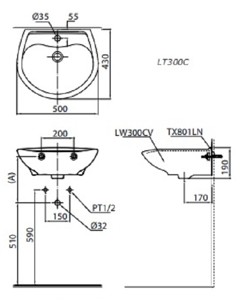 Bản vẽ chậu rửa mặt lavabo TOTO LT300C