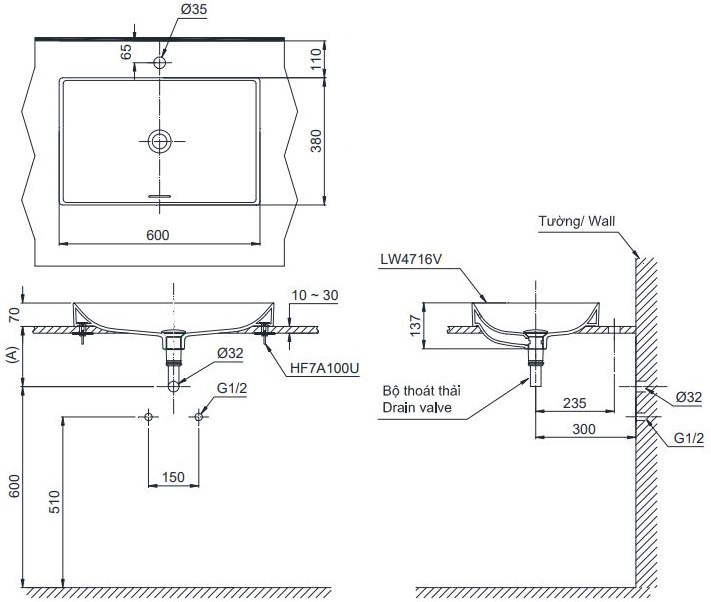 Bản vẽ chậu rửa mặt TOTO LT4716 G17 