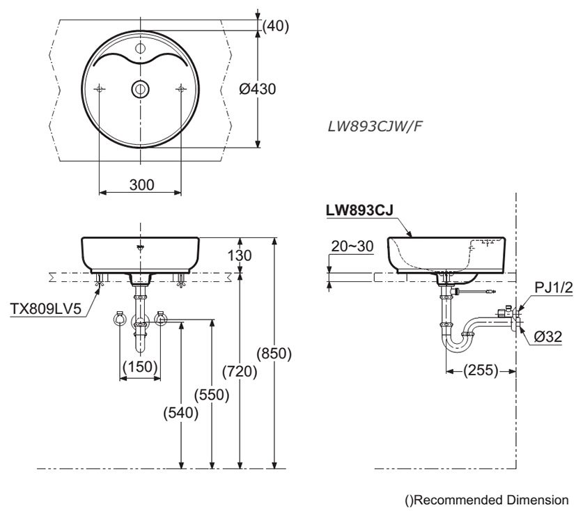 Bản vẽ kích thước lavabo đặt bàn TOTO LW893CJWF