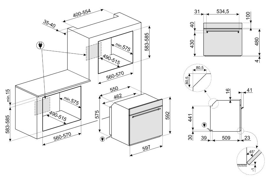 Bản vẽ kích thước lò nướng Hafele 536.64.753 79L