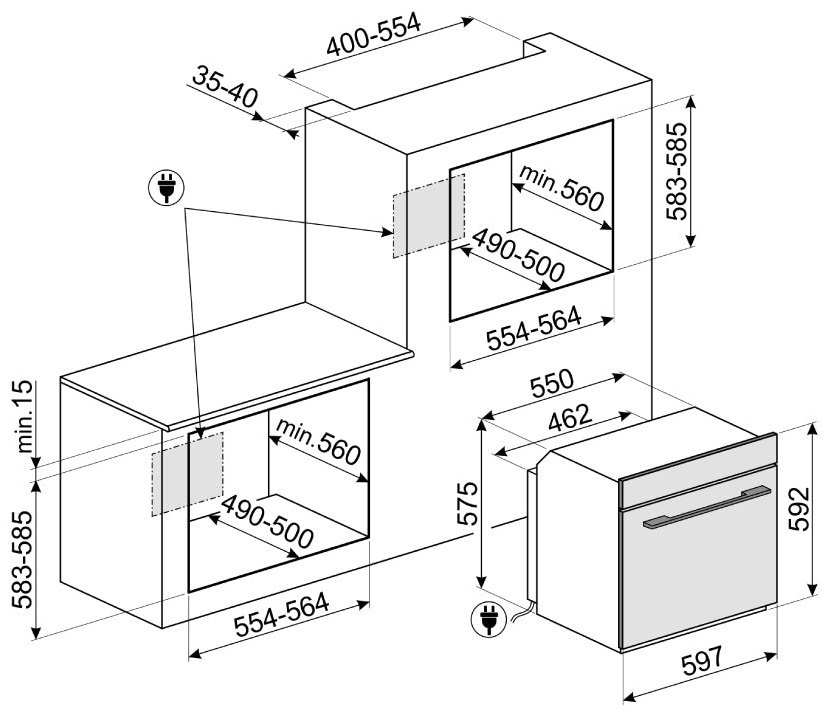 Bản vẽ kích thước lò nướng Hafele 536.64.841 lắp âm 79 lít