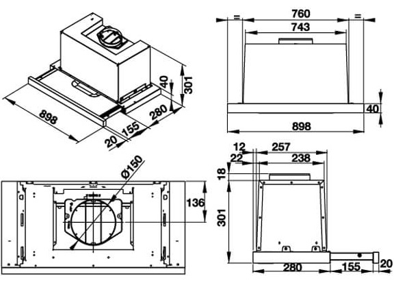 Bản vẽ kỹ thuật máy hút mùi âm tủ HH-TD90E Hafele