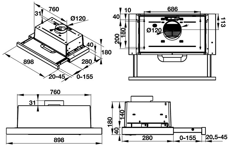 Bản vẽ kỹ thuật máy hút mùi âm tủ HH-TD90D Hafele