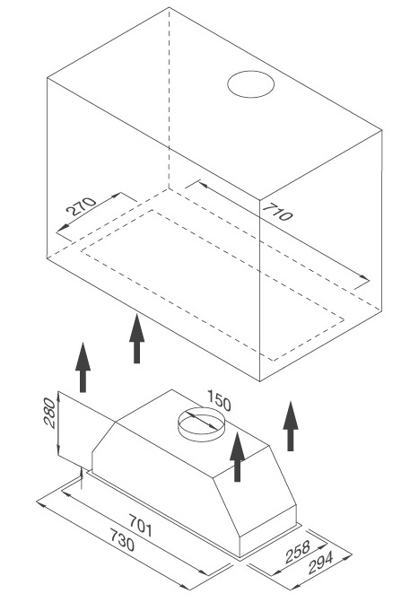 Bản vẽ máy hút khói khử mùi âm tủ HIDDEN K-730 âm tủ