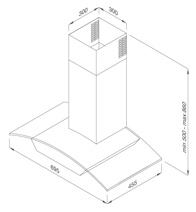 Bản vẽ kỹ thuật máy hút mùi áp tường MC 7018HS Malloca