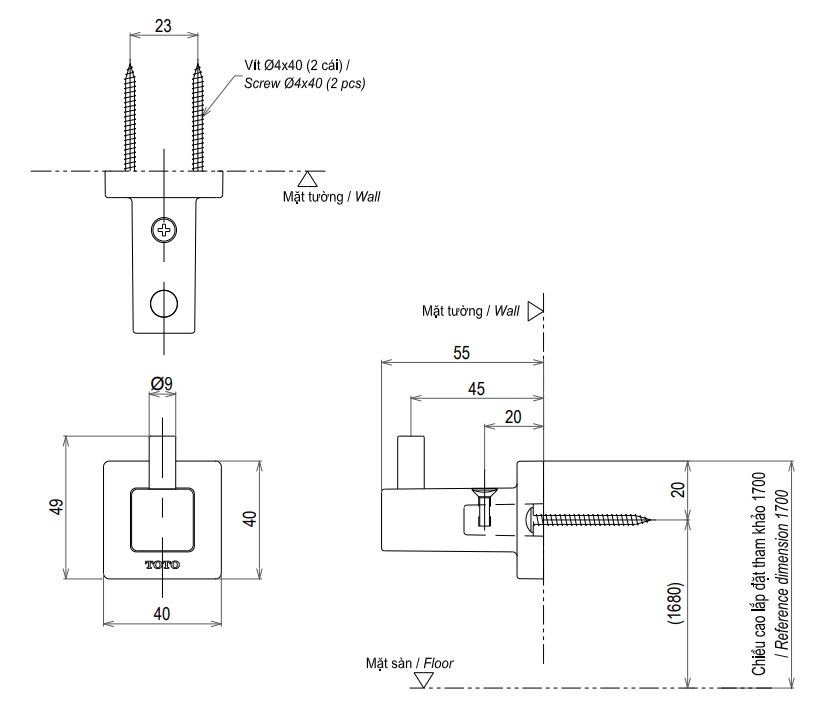 Bản vẽ móc YRH408V TOTO