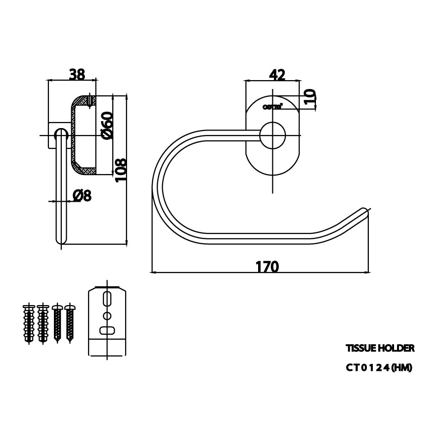 Bản vẽ kích thước móc giấy COTTO CT0124 HM