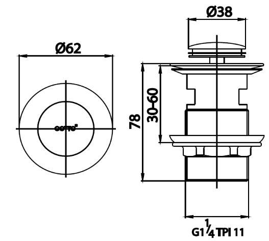 Bản vẽ kích thước nút nhấn CT6702HM xả nước lavabo 