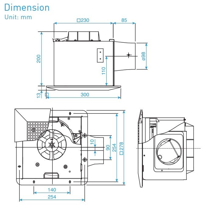 Bản vẽ kích thước quạt hút âm trần Panasonic FV 24CD9