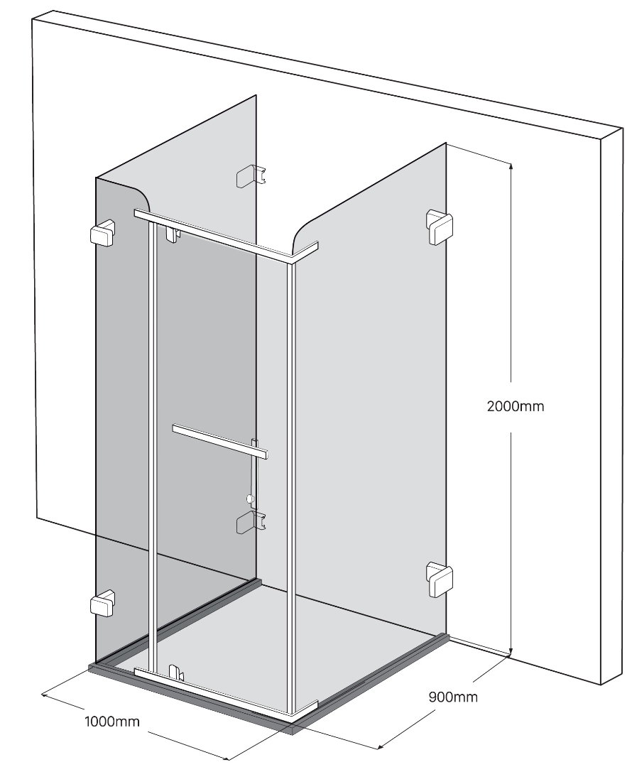 Bản vẽ kích thước vách kính phòng tắm Fendi FDU-1X4 góc vuông