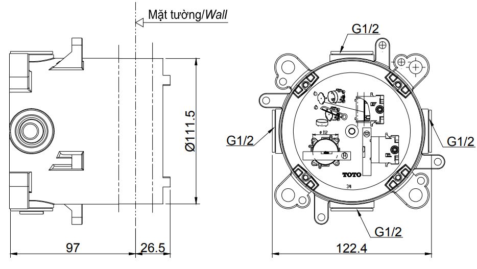 Phụ kiện âm tường 3 đường nước Toto TBN01001B