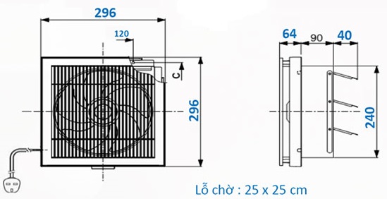 Bản vẽ kỹ thuật quạt thông gió ốp tường EX-20SKC5T Mitsubishi