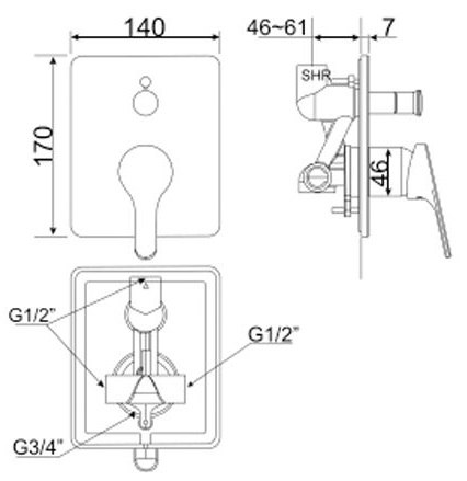 Bản vẽ kích thước nút điều chỉnh đầu sen WF1420 American