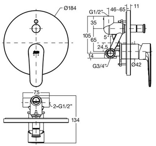 Bản vẽ kích thước nút điều chỉnh đầu sen WFB221 American