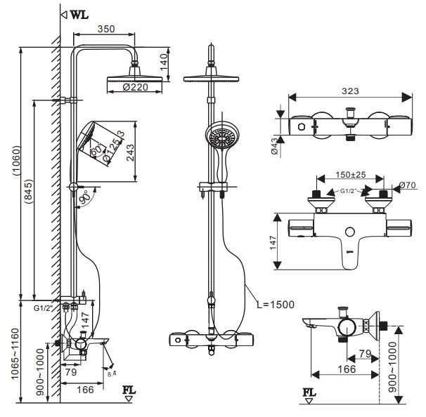 bản vẽ kích thước sen cây INAX BFV-3415T-1C