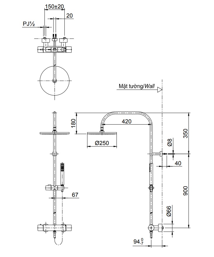 Bản vẽ vòi hoa sen tắm đứng TX454SESV2BRS nhiệt độ TOTO