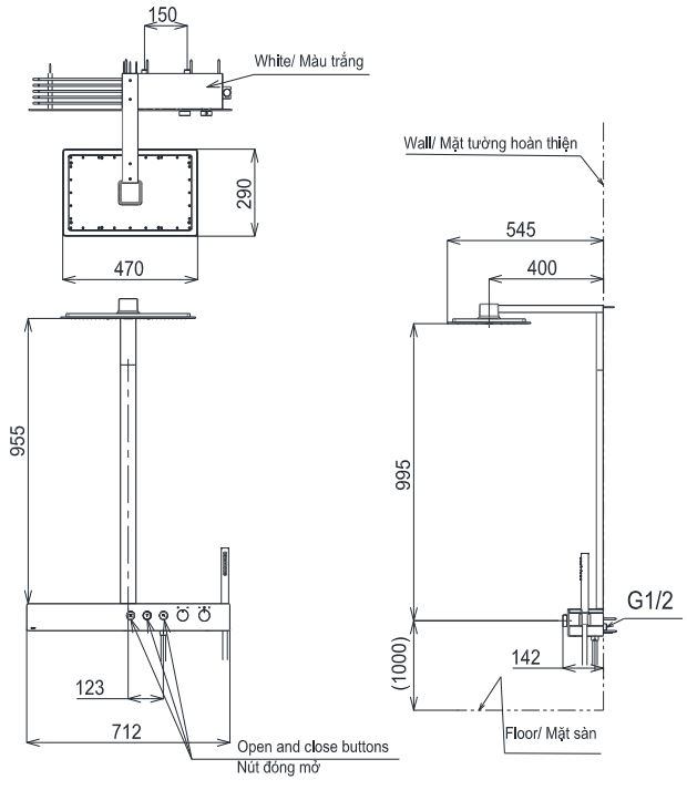 Bản vẽ kích thước sen tắm cây Toto TBW08407A cao cấp