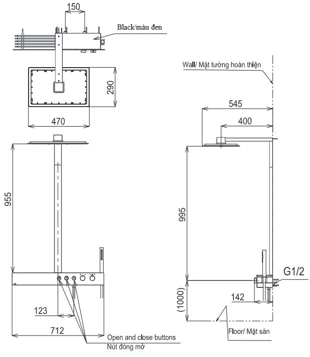 Bản vẽ kích thước sen tắm cây Toto TBW08408A cao cấp