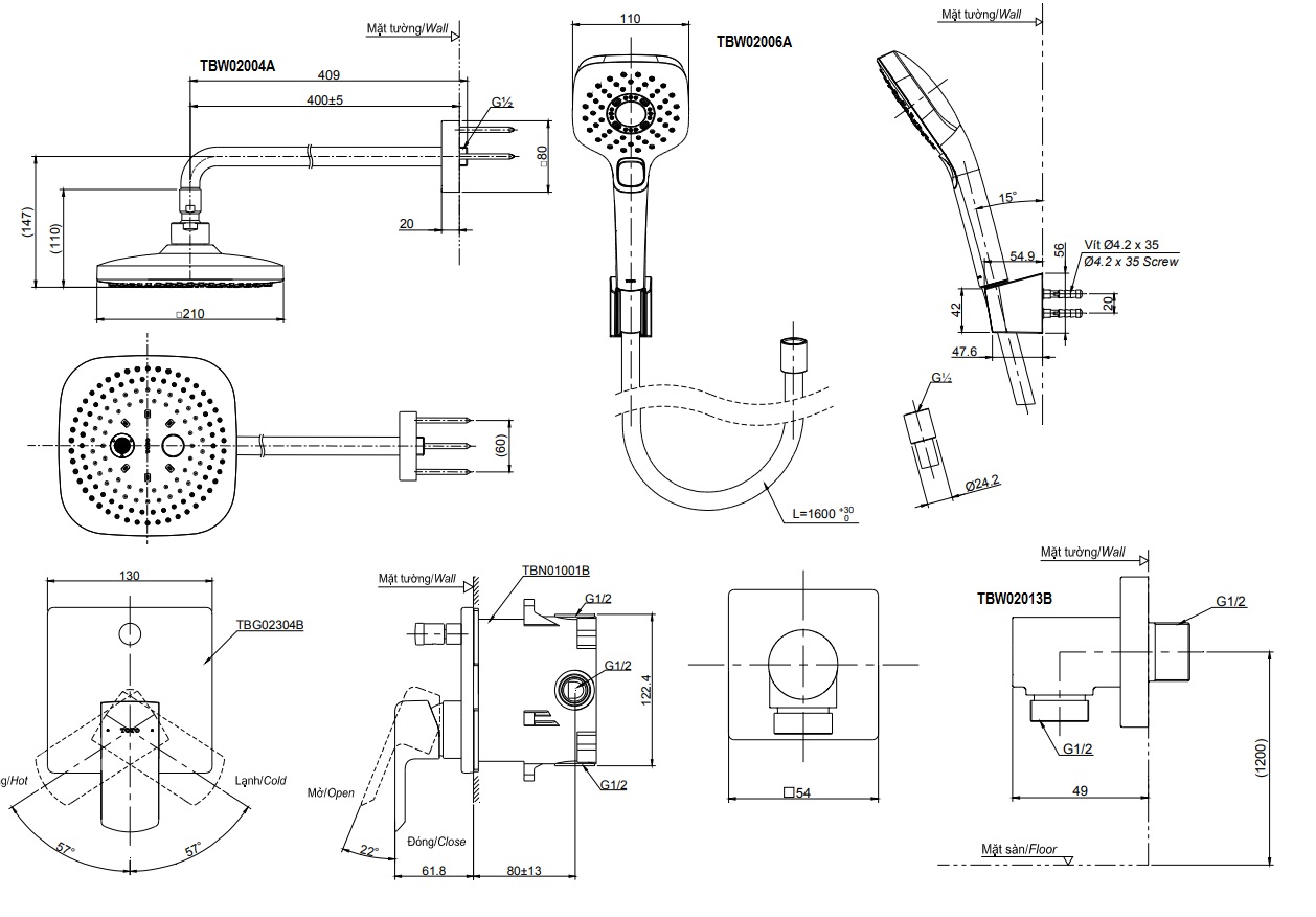 bản vẽ vòi sen TOTO TBG02304B/TBW02004A/TBW02006A âm tường