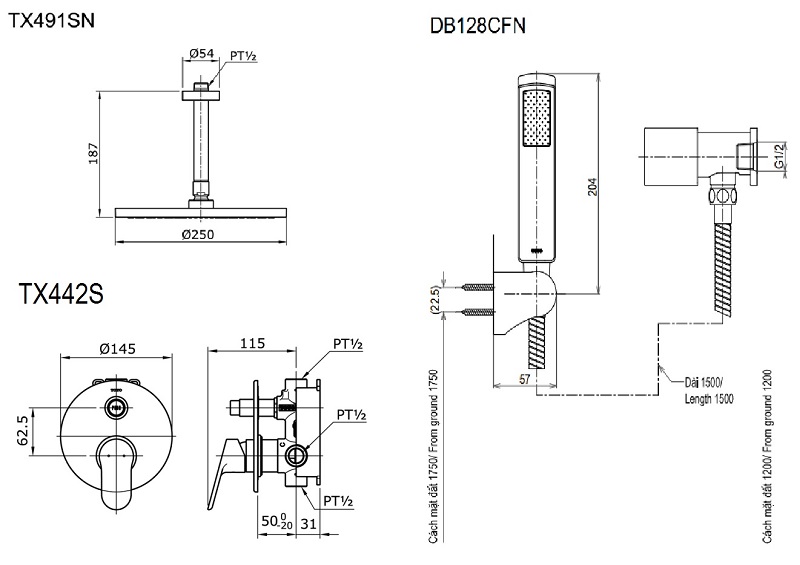 Bản vẽ bộ sen tắm TOTO TX491SN TX442SU DB128CFN