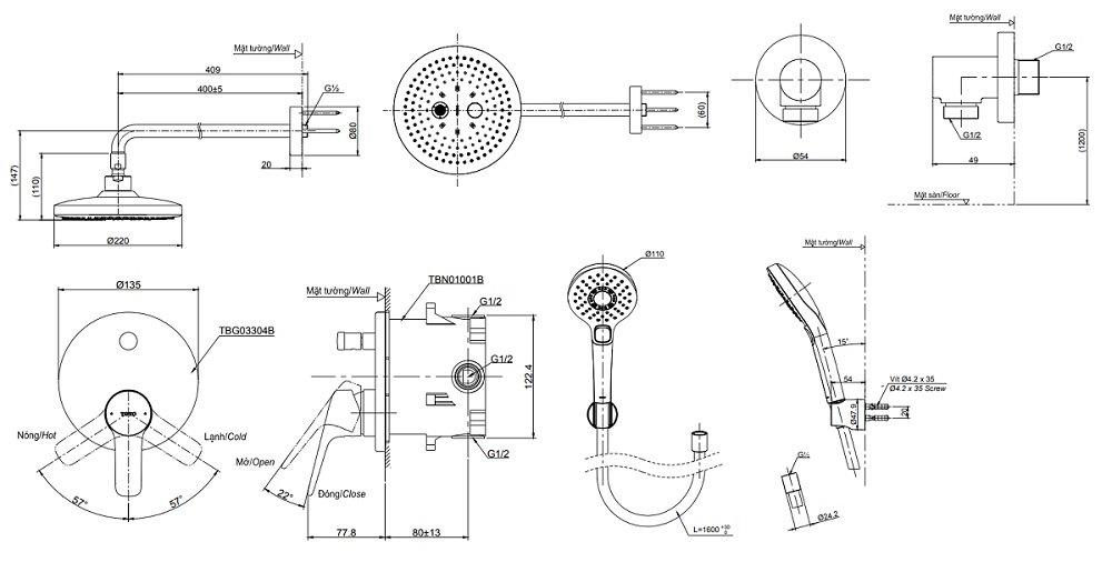 bản vẽ vòi sen TOTO TBG03304B/TBW01004A/TBW01010A âm tường