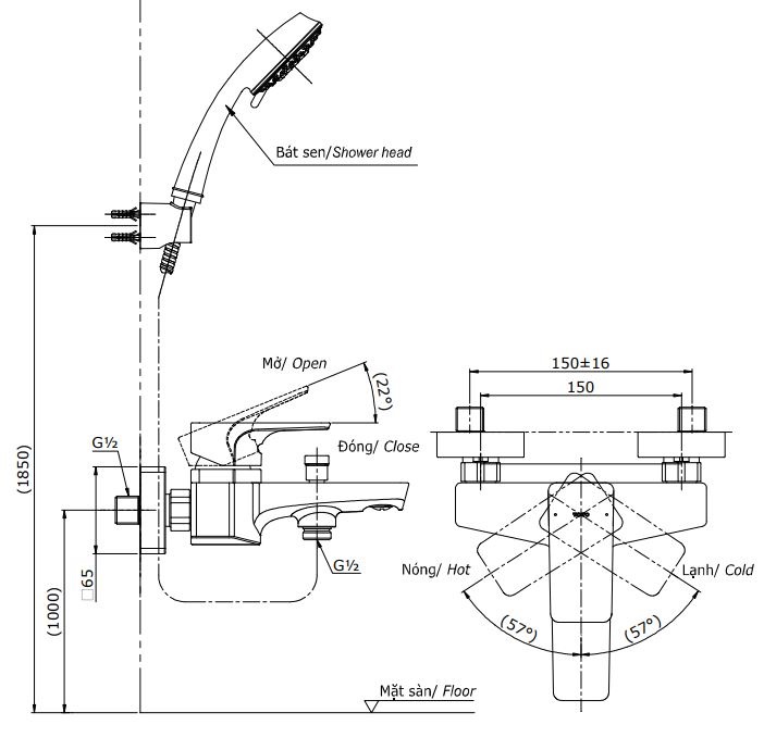 Bản vẽ bộ vòi sen TBG07302V+TBW01010A TOTO