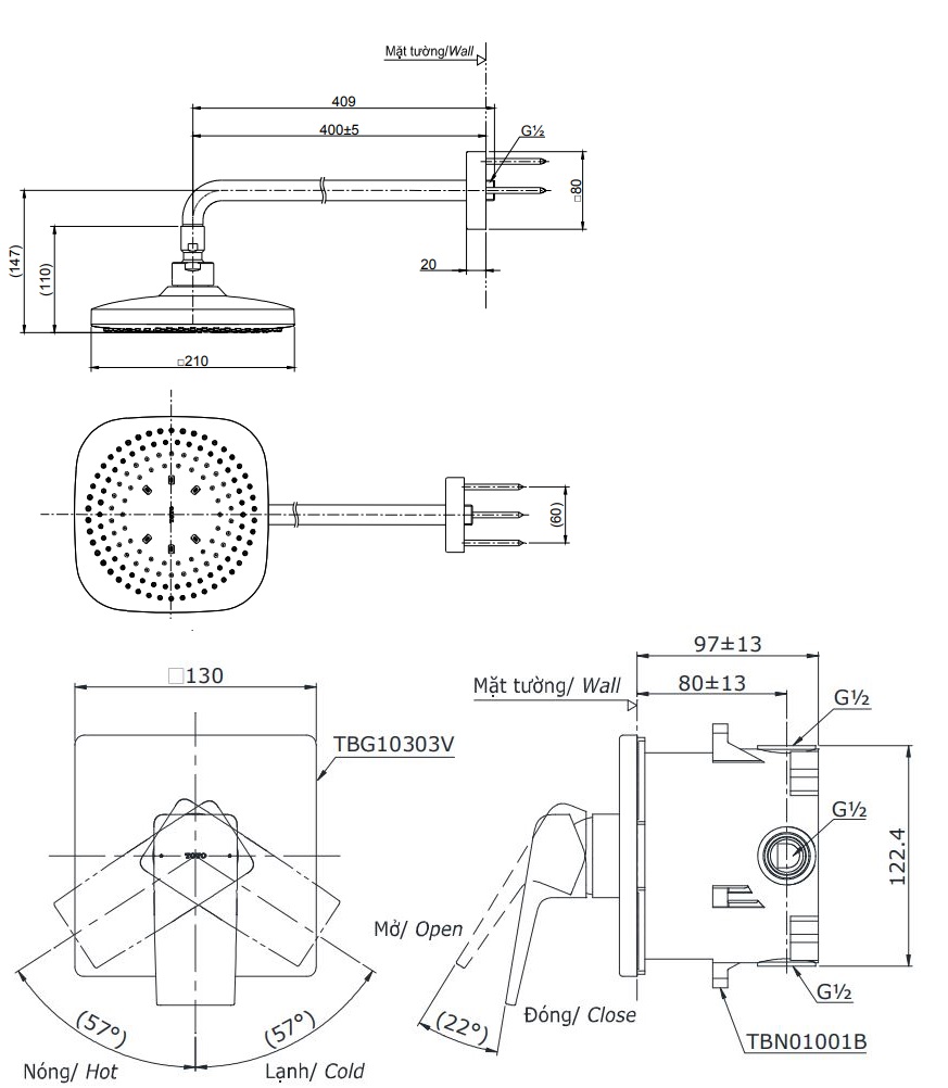 Bản vẽ bộ sen tắm TBG10303V/TBW02003A TOTO âm tường