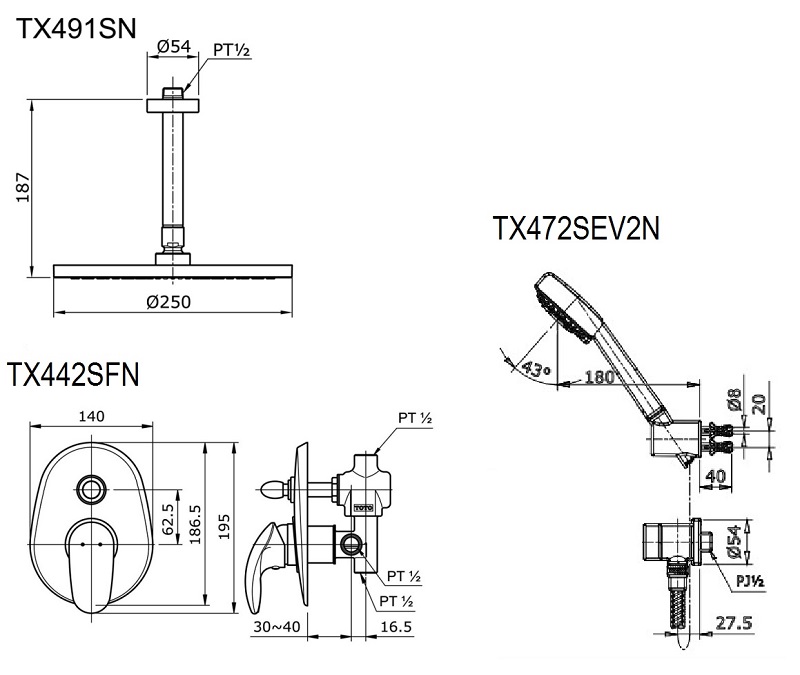 Bản vẽ bộ sen tắm TOTO TX491SN TX442SFN TX472SEV2N